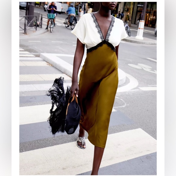 Zara Dresses & Skirts - Zara CONTRAST LACE SATIN EFFECT MIDI DRESS
